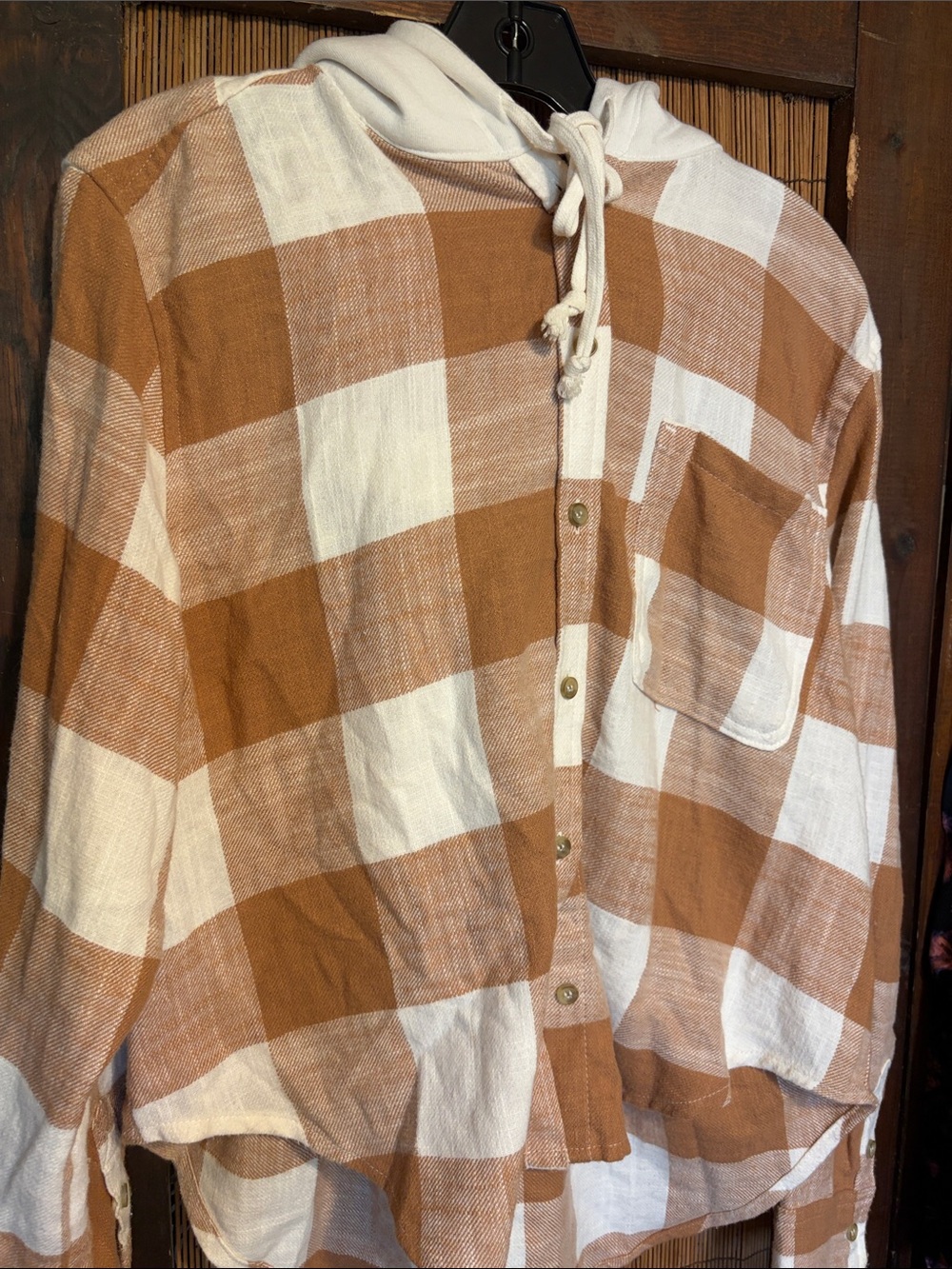 Buffalo Check Hooded Button-Front Shirt - White & Tan